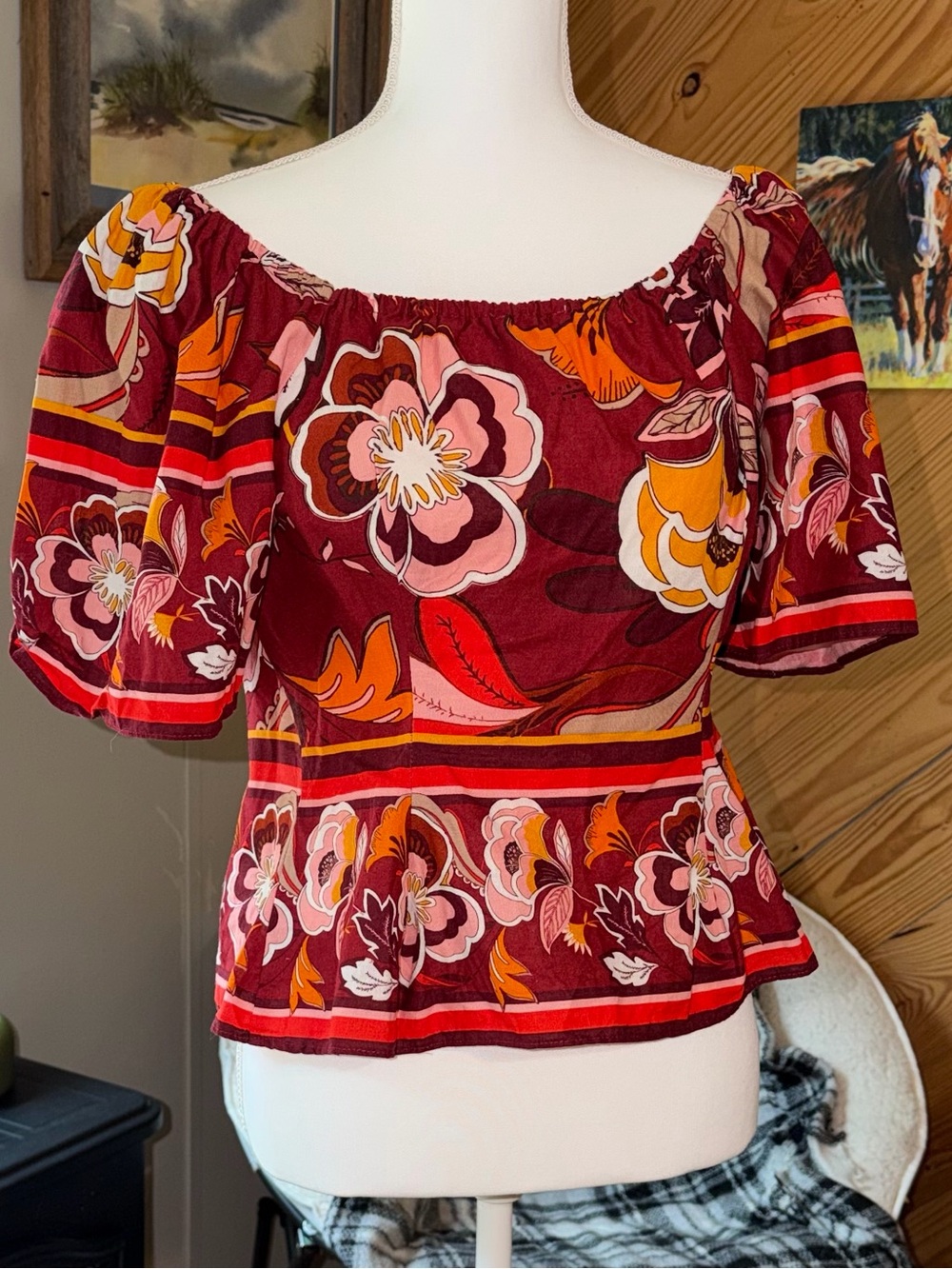 Gibson Latimer Burgundy Floral Off-Shoulder Peplum Top